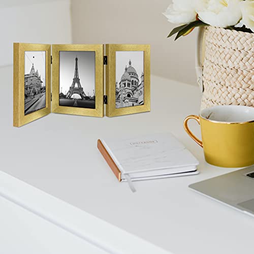 Golden State Art, 4x6 Triple Picture Frame Gold- Real Glass, 2 Pack | Trifold Photo Frame Vertical Display for Desktop - Three Folding Picture Collage - color: Gold, size: 4x6(2 Pack)