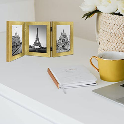 Golden State Art, 4x6 Triple Picture Frame Gold- Real Glass, 2 Pack | Trifold Photo Frame Vertical Display for Desktop - Three Folding Picture Collage - color: Gold, size: 4x6(2 Pack)