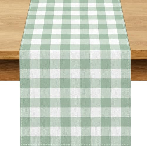 Sage Green Gingham Party Table Runner Green and White Checkered Plaid Decorations for Birthday Bridal Baby Shower Home Dining Kitchen Island Decor (13" x 72") - size: 13" x 72"