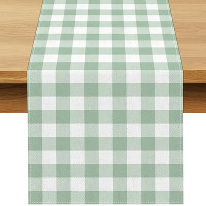 Sage Green Gingham Party Table Runner Green and White Checkered Plaid Decorations for Birthday Bridal Baby Shower Home Dining Kitchen Island Decor (13" x 72") - size: 13" x 72"