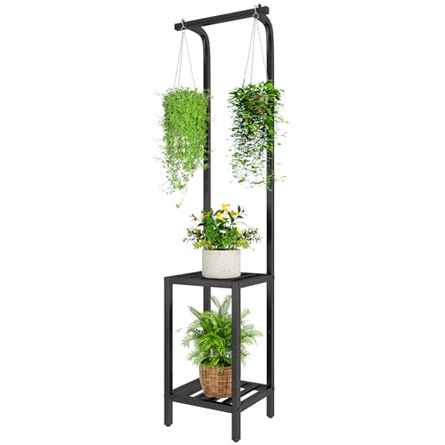 IBUYKE 67 Inch Tall Plant Stand Indoor Outdoor, 3 Tier Metal Hanging Plant Shelf for Multiple Plant, Heavy Duty Plant Holder Flower Stand for Living Room Patio Balcony Garden, Black TMJ076B - color: Black