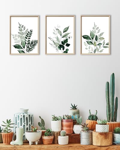 UPWOIGH Olive Leaf Framed Botanical Wall Art, 12 x 16 Inch, Set of 3 | Watercolor Fern, Olive and Eucalyptus Leaf Prints, Soft Green Tones, Light Wood Frames for Bedroom, Office and Gallery Wall - color: Olive Leaf Green MDF