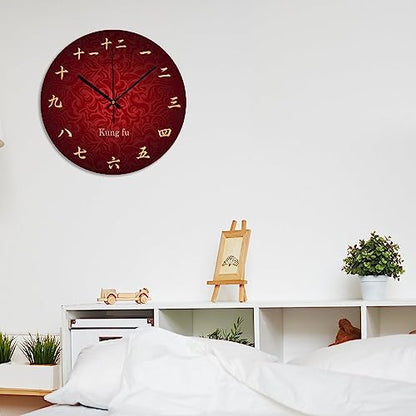 Chinese Calligraphy Kong Fu Wall Clock 10x10 Inch Bedroom PVC Wall Clock Silent Non-Ticking Battery Operated Rustic Wall Hanging PVC Wall Clocks for Farmhouse Office Classroom - color: Style-7, size: 10x10in（black）