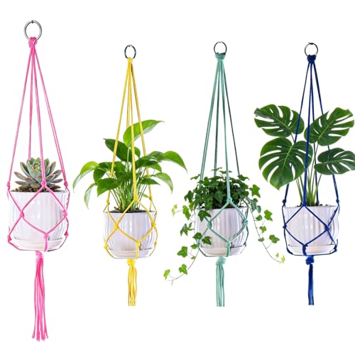 Markeny Macrame Plant Hanger, 4 Pieces Colourful Large Macrame Rope Hangers for Garden Patio Home Decor