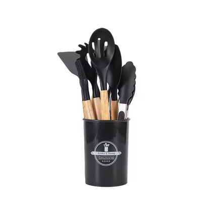 11 Piece Silicone Kitchen Utensil Set with Holder Heat Resistant Non Stick Cooking Tools with Wooden Handles Spatula Spoon Pasta Server Tongs Whisk Brush Black (Black) - color: Black