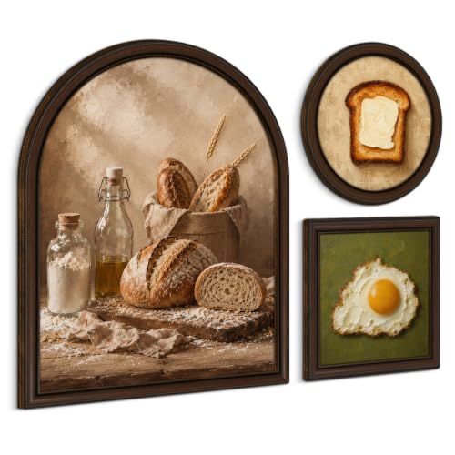 3 Pcs Vintage Rustic Food Kitchen Wall Art Sign, Framed Bakery Wall Decor | Vintage Bread and Fried Egg Prints for Kitchen Dining Room Farmhouse Home - color: Bread