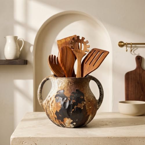 Ceramic Rustic Kitchen Utensil Holder for Countertop, Vintage Kitchen Decor | Distinctive Double-Handle Form with Layered Weathered Texture