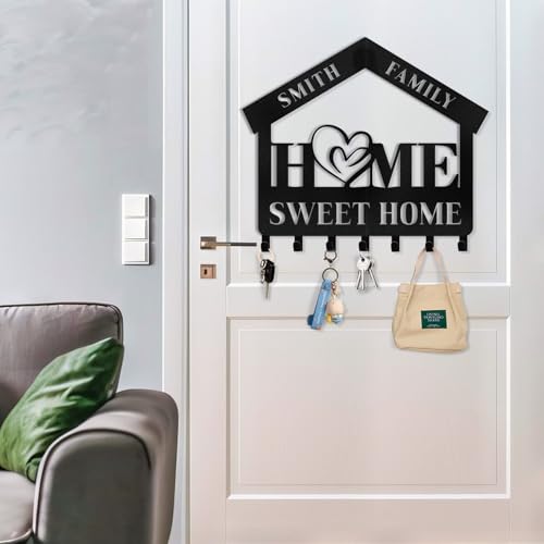Personalized Key Holder for Wall - Custom Name Sweet Home Key Rack, Wall Mount Coat Rack, Hanger for Bedroom Entryway, Housewarming Gifts - color: 06 Home