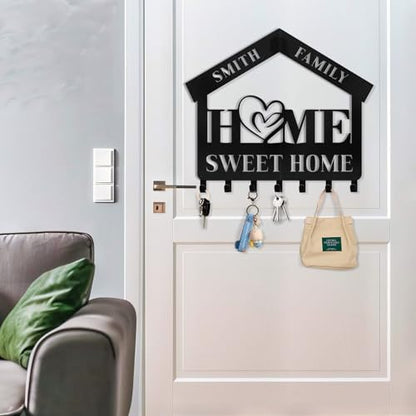 Personalized Key Holder for Wall - Custom Name Sweet Home Key Rack, Wall Mount Coat Rack, Hanger for Bedroom Entryway, Housewarming Gifts - color: 06 Home