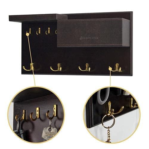 JackCubeDesign Entryway Coat Rack Wall Mount Key Holder Mail Envelope Hook Organizer Clothes Hat Hanger with Faux Brown Leather Shelf and Tray(Solid Wood, 20.5 x 9.1 x 3.4 inches) – :MK362B