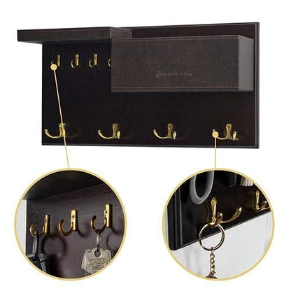 JackCubeDesign Entryway Coat Rack Wall Mount Key Holder Mail Envelope Hook Organizer Clothes Hat Hanger with Faux Brown Leather Shelf and Tray(Solid Wood, 20.5 x 9.1 x 3.4 inches) – :MK362B