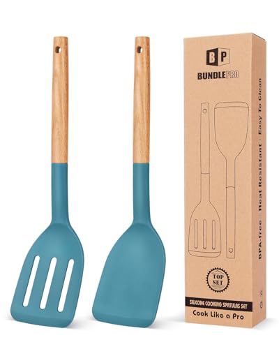 Pack of 2 Silicone Cooking Spatula, Heat Resistant Solid Turner, Non Stick Slotted Spatulas with Wooden Short Handle,Ideal Wood Kitchen Utensils Set for Frying, Baking, Flipping, Turning - color: Blue