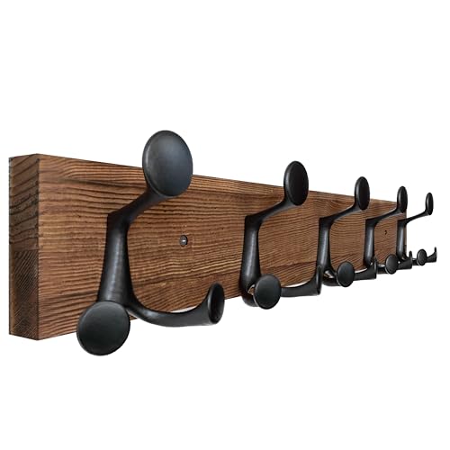 SKOLOO 24-Inch Wood Coat Rack Wall Mount with 5 Triple Hooks - Ideal for Family Entrances, Classrooms, and Pet Supplies Storage - Perfect Coat Hooks for Wall,Charred Golden Brown - color: Charred Golden Brown, size: 24 inch with 5 hooks