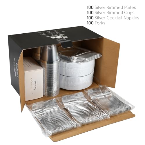 Silver Dessert Plates Set, 100 Plates, Cups, Forks and Napkins, 7.5 Inch | Sturdy plastic, cake service, appetizer tables, salad course, weddings, birthdays, easy cleanup - color: Silver, style: Plates,Forks,Napkins and Cups