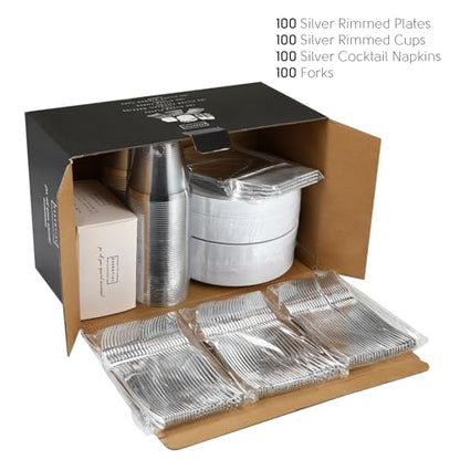 Silver Dessert Plates Set, 100 Plates, Cups, Forks and Napkins, 7.5 Inch | Sturdy plastic, cake service, appetizer tables, salad course, weddings, birthdays, easy cleanup - color: Silver, style: Plates,Forks,Napkins and Cups