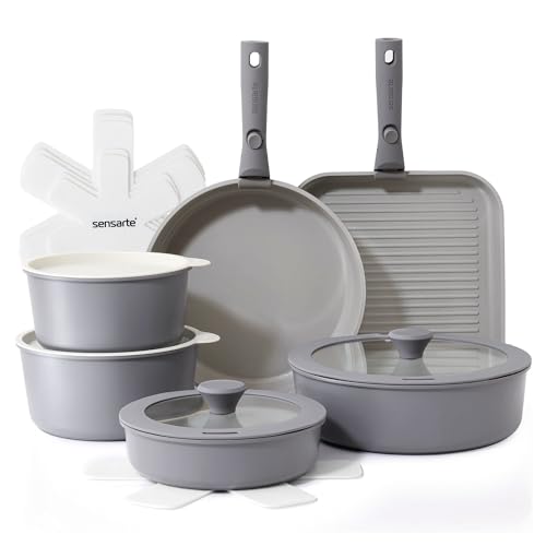 SENSARTE 17 Piece Ceramic Detachable Handle Pots and Pans Set Gray | Ceramic Cookware Set, Induction Cookware Set with Removable Handle, Healthy Non Stick for RV, Dishwasher ＆ Oven Safe - color: Gray, size: 17 Piece