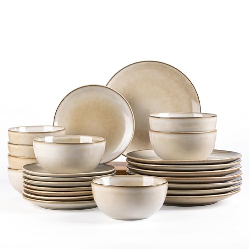 AmorArc Stoneware Dinnerware Sets for 8, 24 Pieces Handpainted Ceramic Plates and Bowls Set, Scratch Resistant Dishes Set, Dishwasher & Microwave Safe, Cappuccino - color: Cappuccino, size: Service for 8