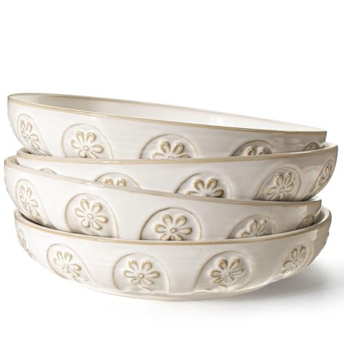 Pasta Bowls, 50oz Large Salad Serving Bowls, 9.75'' Plates Bowls Set of 4, Big White Ceramic Soup Bowls for Kitchen, Embossment Shallow Dinner Bowl, Microwave Dishwasher Safe, Pinwheel Flower - color: White (Pinwheel Flower)