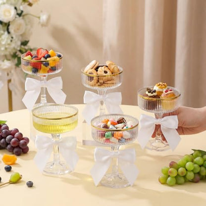 Set of 24 Plastic Champagne Coupe Glasses with Bow 7 oz Gold Champagne Tower Set Stackable Acrylic Ribbed Martini Glasses Cocktail Coupe Cup for Wedding Birthday Party Bar(Ribbon,White) - color: White, style: Ribbon