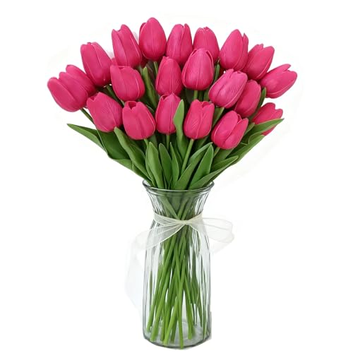 Fuchsia Artificial Tulips, 20 Pcs PU Real Touch Faux Flowers | 13.5" tall, 20 bendable stems, fake flowers for Valentine's, birthday, wedding centerpiece, home, vase decor - color: Fuchsia
