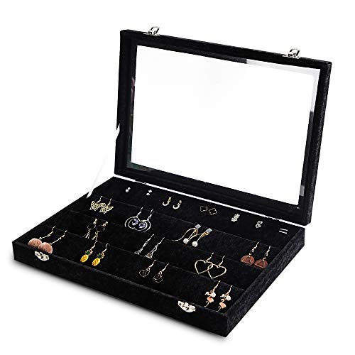 Frebeauty64 Slots Earring Organizer,Velvet Jewelry Tray with Clear Lid | Velvet Lining,Dustproof,Lockable,Drawer Jewelry Organizer,Earring Storage for Studs,Jewelry Display Case,Glass Lid - color: Black, size: 64 Slots