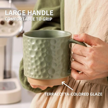 Nihow 16 Oz Ceramic Coffee Mug Set of 4 with Stackable Stand,Matte Green | Stackable, Stainless Stand Included, Cappuccino & Tea, Hot/Cold Drinks, Dishwasher & Microwave Safe - color: Matte Green, size: 16 oz With Stand