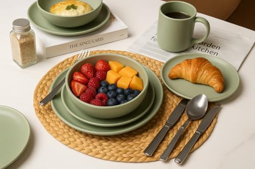 12-Piece Stoneware Dinnerware Set with Mugs | Microwave and Dishwasher Friendly | Stackable Matte Glaze Plates & Bowls | Service for 3 (Green for 3) - color: Green for 3