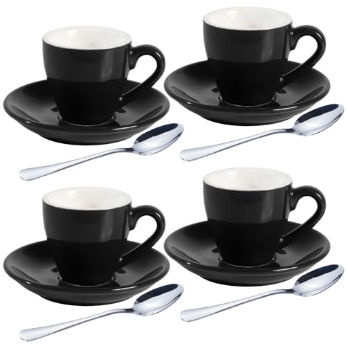 homEdge Porcelain Espresso Shot Cup Set with Saucers and Stainless Steel Spoons - 80 ml / 2.67 oz, Set of 4, Black - color: Black