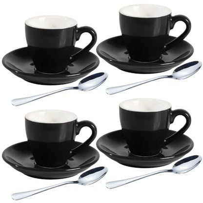 homEdge Porcelain Espresso Shot Cup Set with Saucers and Stainless Steel Spoons - 80 ml / 2.67 oz, Set of 4, Black - color: Black