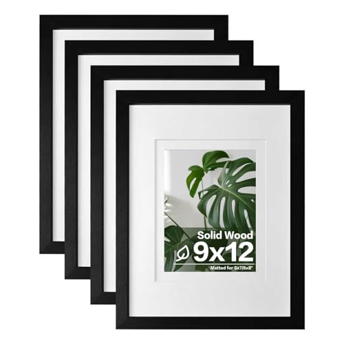 Egofine 9x12 Picture Frames 4PCS Covered by Plexiglass, Wood Frames for Pictures 5x7/6x8 with Mat or 9x12 without Mat, Tabletop and Wall Mounting Display, Black with Texture - color: Black with Texture, size: 9x12