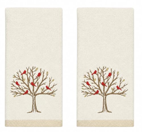 Holiday Cardinal Hand Towels for Bathroom: Embroidered Cardinal Fall Tree Design, Set of 2, Cream White Ivory 100% Cotton, 16” x 25" Decorative Bath & Kitchen Towels - color: Cardinal Tree
