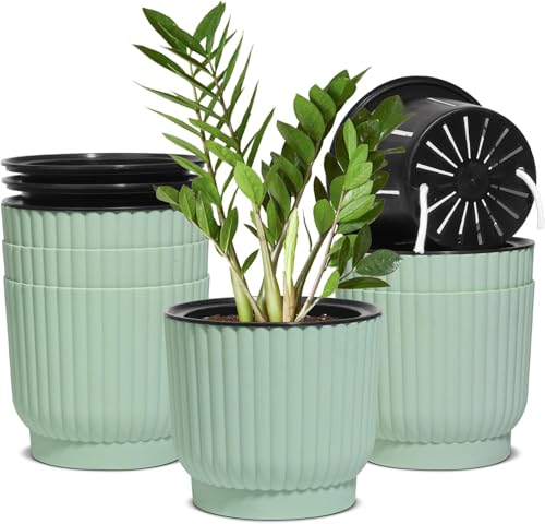 T4U Self Watering Pots for Indoor Plants, 6 Inch 6 Pack Planter Green | African violet pothos ferns, Herb garden kitchen, Bottom feed reservoir, Easy care maintenance - color: Seafoam Green, size: 6 Inch