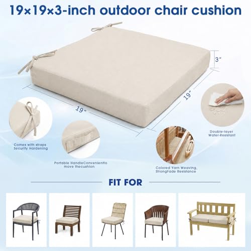 Outdoor Chair Cushions Set of 4, 19x19 Waterproof Patio Pads, Beige | Fade resistant fabric with ties, handle and 3-inch foam for dining seats, decks, porches, gardens and hard seating - color: Beige