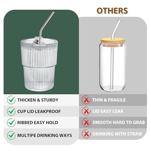 13 OZ Glass Cups with Lids and Straws, Iced Coffee Cups with Lids, Clear Ribbed Glassware for Coffee Smoothie Cocktail Ice Tea, Glass Tumbler with Straw and Lid, Set of 4