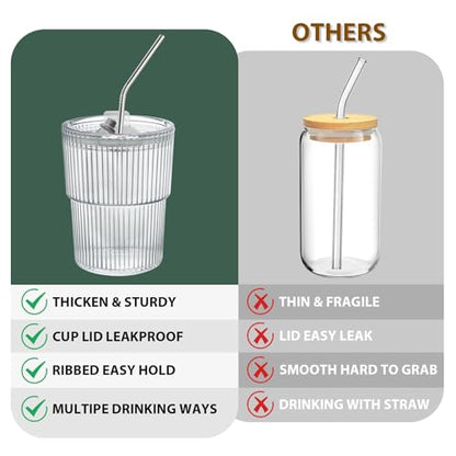 13 OZ Glass Cups with Lids and Straws, Iced Coffee Cups with Lids, Clear Ribbed Glassware for Coffee Smoothie Cocktail Ice Tea, Glass Tumbler with Straw and Lid, Set of 4