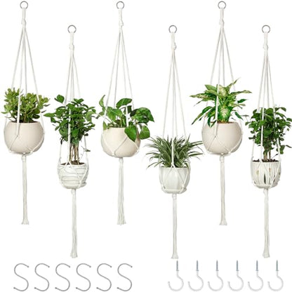 AOMGD 6 Pack Macrame Plant Hanger Indoor Hanging Planters, 43", Ivory | Indoor Outdoor, Includes 6 S Hooks and 6 Hook Nails, Hanging Plant Holder, Boho Home Decor
