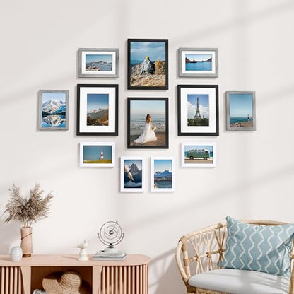 Vittanly 12 Pack Gallery Wall Frame Set, Black, Brown, Grey | Gallery Wall Frame Set: 4pcs 8x10, 4pcs 5x7 & 4pcs 4x6 Photos for Wall & Table, Picture Frames made of Engineered Wood - color: Black & Grey & White