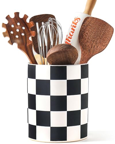 Checkered Kitchen Utensil Holder - 7.2" Ceramic Utensil Crock for Countertop, Kitchen Decor and Accessories for counte (Black) - color: Black and White