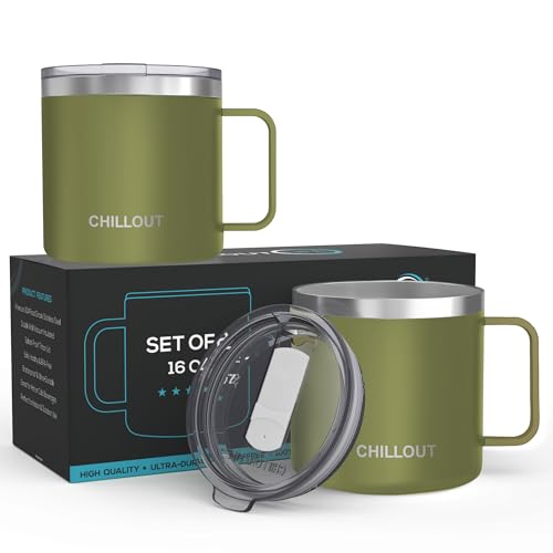 CHILLOUT LIFE Stainless Steel 16 oz (Set of 2) Vacuum Insulated Coffee Mug with Handle and Lid, Large Thermal Camping Coffee Mugs with Sliding Lid for Men & Women - color: Army Green, size: 16 Ounces - 2 Pack