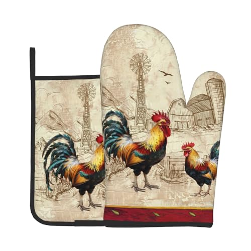Farm Rooster Oven Mitts and Pot Holder Set of 2 Rustic Chicken Kitchen Potholders Heat Resistant Oven Glove for Baking Cooking Grilling BBQ - color: Farm Rooster