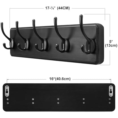 SKOLOO Rustic Wall Mounted Coat Rack, Pine Solid Wood Coat Hook Hanger - 5 Hooks for Hanging Clothes Robes Towels Coats - color: Black Plate & Black Hook, size: 1 Item-5 Hooks