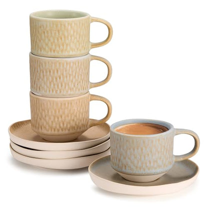 KooK Espresso Mug and Saucer Set, Ceramic Cups and Plates with Rustic Organic Shape and Feathered Texture, Dishwasher and Microwave Safe, Set of 4, Neutral Multicolor (5.5 Oz) - size: 5.5 Oz
