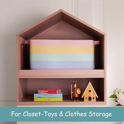 Rainbow Storage Basket for Toys Large Blanket Basket for Girls | Woven Cotton Rope Baby Laundry Hamper, Kids Nursery Toy Basket for Classroom, Soft Stuffed Animal Storage