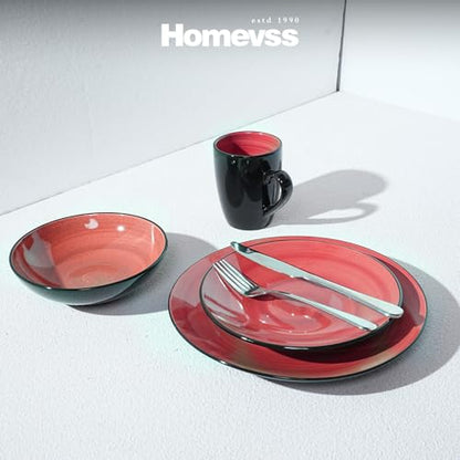 HomeVss Sonoma 16 Piece Stoneware Dinner Set Red, Outside Black + Inside Handpainted Color Red with speckle - color: Red