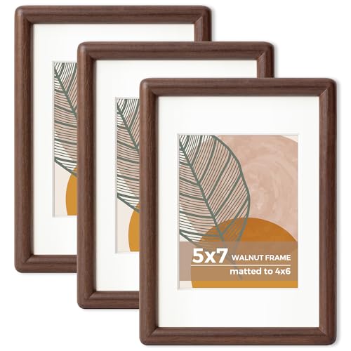 5 x 7 Walnut Frame Set of 3 - Rounded Corner 5x7 Picture Frame Matted to 4x6 - Natural Walnut Wood Photo Frame with Tempered Glass for Tabletop Display - color: Walnut, size: 5x7 - 3P