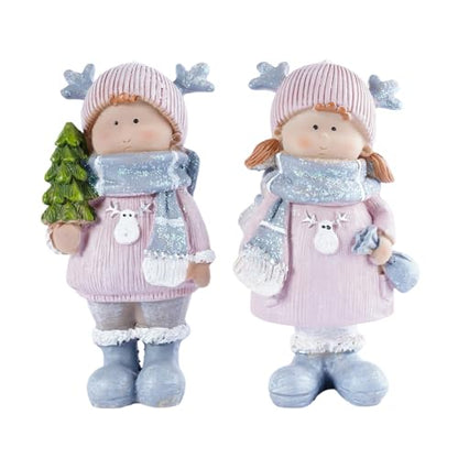 Christmas Home Decor Set of 2 Resin Mini Sculptures with Reindeer Hats, Cute Female Themed Winter Ornaments for Mantel, Tiered Tray & Indoor Tabletop Christmas Decor