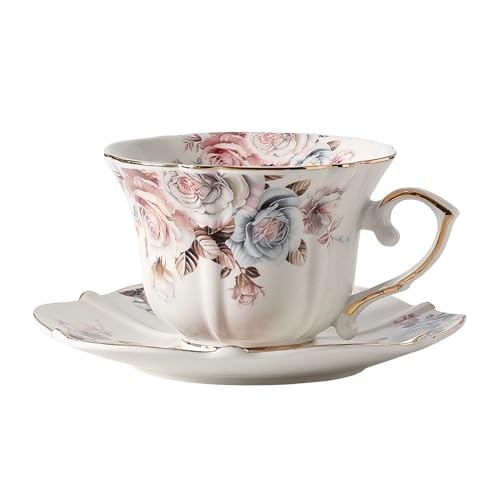 Floral Ceramic Cup Bone China Tea Cup and Saucer Set 6.8 Oz Gold Trim Vintage Style Porcelain Coffee Cup for Home Kitchen Office, Style 3 - color: Pink-010