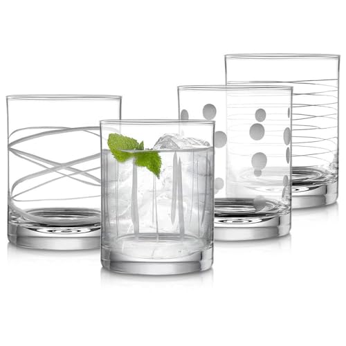 Joeyan Hand Blown Etched Whiskey Glasses,Old Fashioned Tumblers with Stripes Dots Pattern,Clear Carved Rocks Glasses,Scotch Bourbon Glassware for Party Anniversary,13.5 oz,Set of 4,Dishwasher Safe - color: Etched Dots Swirls Strips Patterned Whiskey Glass