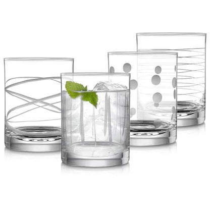 Joeyan Hand Blown Etched Whiskey Glasses,Old Fashioned Tumblers with Stripes Dots Pattern,Clear Carved Rocks Glasses,Scotch Bourbon Glassware for Party Anniversary,13.5 oz,Set of 4,Dishwasher Safe - color: Etched Dots Swirls Strips Patterned Whiskey Glass