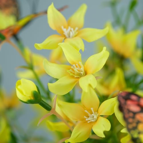 HOSY Freesia Bouquet in Ivory Ceramic Vase, Artificial Flower Arrangements | Silk Flower & Butterfly, Table Centerpiece Decoration, Display Size 10" High & 13.5" Wide, No Upkeep